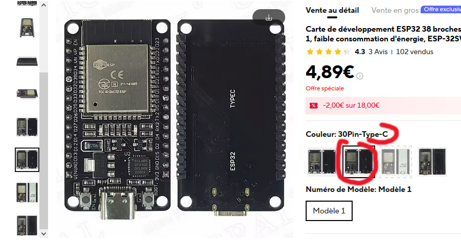 ESP-32SWROOM 30 broches CP2102